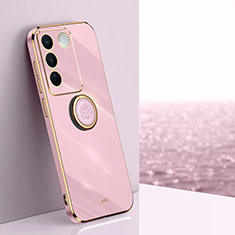 Ultra-thin Silicone Gel Soft Case Cover with Magnetic Finger Ring Stand XL1 for Vivo V27 5G Pink