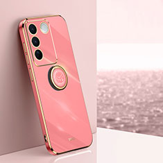 Ultra-thin Silicone Gel Soft Case Cover with Magnetic Finger Ring Stand XL1 for Vivo V27 Pro 5G Hot Pink