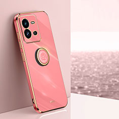 Ultra-thin Silicone Gel Soft Case Cover with Magnetic Finger Ring Stand XL1 for Vivo X80 Lite 5G Hot Pink