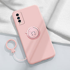 Ultra-thin Silicone Gel Soft Case Cover with Magnetic Finger Ring Stand YK1 for Vivo Y12s Pink