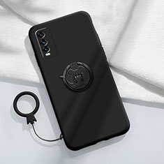 Ultra-thin Silicone Gel Soft Case Cover with Magnetic Finger Ring Stand YK1 for Vivo Y20 Black