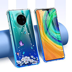 Ultra-thin Transparent Flowers Soft Case Cover for Huawei Mate 30 Blue