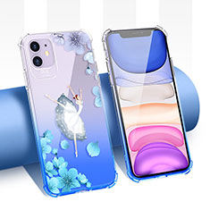 Ultra-thin Transparent Flowers Soft Case Cover T04 for Apple iPhone 11 Blue