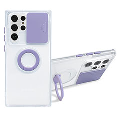 Ultra-thin Transparent TPU Soft Case Cover with Finger Ring Stand S01 for Samsung Galaxy S22 Ultra 5G Purple
