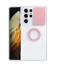Ultra-thin Transparent TPU Soft Case Cover with Finger Ring Stand S02 for Samsung Galaxy S21 Ultra 5G Pink