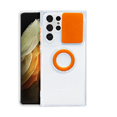 Ultra-thin Transparent TPU Soft Case Cover with Finger Ring Stand S02 for Samsung Galaxy S22 Ultra 5G Orange