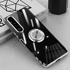 Ultra-thin Transparent TPU Soft Case Cover with Magnetic Finger Ring Stand AN1 for Sony Xperia 1 V Silver