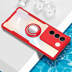 Ultra-thin Transparent TPU Soft Case Cover with Magnetic Finger Ring Stand BH1 for Vivo V27 5G Red