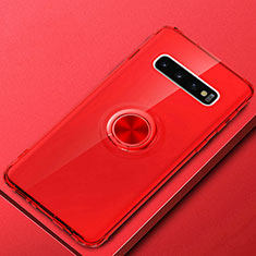 Ultra-thin Transparent TPU Soft Case Cover with Magnetic Finger Ring Stand C03 for Samsung Galaxy S10 Plus Red