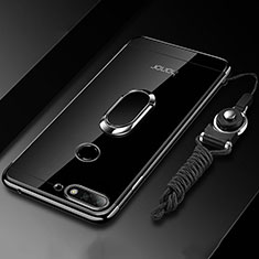 Ultra-thin Transparent TPU Soft Case Cover with Magnetic Finger Ring Stand S01 for Huawei Honor 7A Black