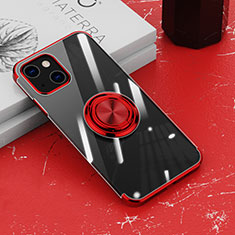Ultra-thin Transparent TPU Soft Case Cover with Magnetic Finger Ring Stand Z02 for Apple iPhone 13 Mini Red