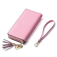 Universal Leather Wristlet Wallet Handbag Case H24 for Oppo Reno7 Lite 5G Pink