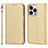 Leather Case Stands Flip Cover Holder D01T for Apple iPhone 14 Pro Gold