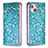 Leather Case Stands Flip Flowers Cover Holder for Apple iPhone 13 Cyan