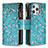 Leather Case Stands Flip Flowers Cover Holder for Apple iPhone 13 Pro Cyan