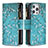 Leather Case Stands Flip Flowers Cover Holder for Apple iPhone 14 Pro Cyan