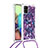 Silicone Candy Rubber TPU Bling-Bling Soft Case Cover with Lanyard Strap S02 for Samsung Galaxy A71 5G Purple