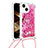 Silicone Candy Rubber TPU Bling-Bling Soft Case Cover with Lanyard Strap S03 for Apple iPhone 13 Hot Pink