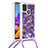 Silicone Candy Rubber TPU Bling-Bling Soft Case Cover with Lanyard Strap S03 for Samsung Galaxy A21s Purple