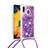 Silicone Candy Rubber TPU Bling-Bling Soft Case Cover with Lanyard Strap S03 for Samsung Galaxy A30 Purple