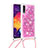 Silicone Candy Rubber TPU Bling-Bling Soft Case Cover with Lanyard Strap S03 for Samsung Galaxy A30S Hot Pink