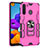 Silicone Matte Finish and Plastic Back Cover Case with Magnetic Finger Ring Stand for Samsung Galaxy A21 Hot Pink
