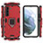 Silicone Matte Finish and Plastic Back Cover Case with Magnetic Finger Ring Stand for Samsung Galaxy S21 5G