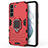 Silicone Matte Finish and Plastic Back Cover Case with Magnetic Finger Ring Stand S01 for Samsung Galaxy S22 Plus 5G Red