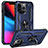 Silicone Matte Finish and Plastic Back Cover Case with Magnetic Finger Ring Stand S05 for Apple iPhone 13 Pro Max Blue