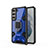 Silicone Matte Finish and Plastic Back Cover Case with Magnetic Finger Ring Stand S05 for Samsung Galaxy S21 FE 5G Blue