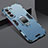 Silicone Matte Finish and Plastic Back Cover Case with Magnetic Finger Ring Stand S08 for Samsung Galaxy S21 FE 5G Blue