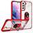 Silicone Matte Finish and Plastic Back Cover Case with Magnetic Finger Ring Stand T01 for Samsung Galaxy S21 FE 5G Red