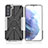 Silicone Matte Finish and Plastic Back Cover Case with Magnetic Finger Ring Stand T09 for Samsung Galaxy S21 5G Gray