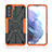 Silicone Matte Finish and Plastic Back Cover Case with Magnetic Finger Ring Stand T09 for Samsung Galaxy S21 5G Orange