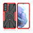 Silicone Matte Finish and Plastic Back Cover Case with Magnetic Finger Ring Stand T09 for Samsung Galaxy S21 5G Red