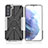 Silicone Matte Finish and Plastic Back Cover Case with Magnetic Finger Ring Stand T09 for Samsung Galaxy S22 5G Gray