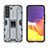 Silicone Matte Finish and Plastic Back Cover Case with Magnetic Stand A03 for Samsung Galaxy S21 FE 5G Gray