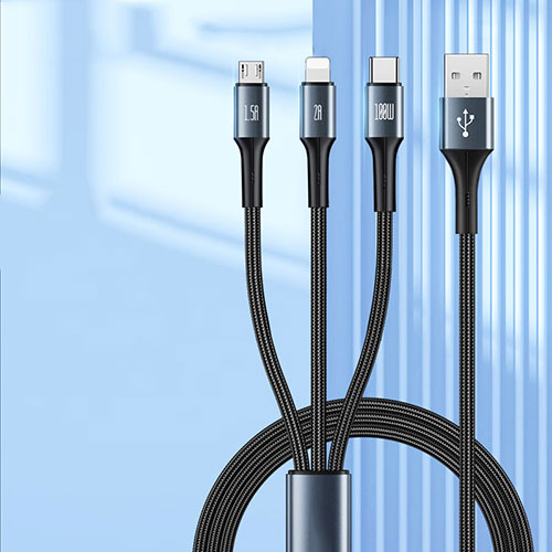 Charger Lightning USB Data Cable Charging Cord and Android Micro USB Type-C 100W H01 for Apple iPhone 15 Plus Black