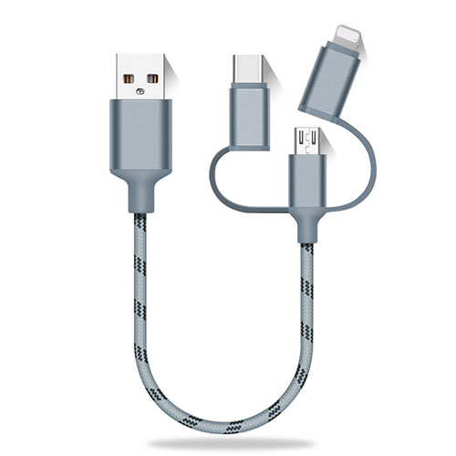 Charger Lightning USB Data Cable Charging Cord and Android Micro USB Type-C 25cm S01 Gray