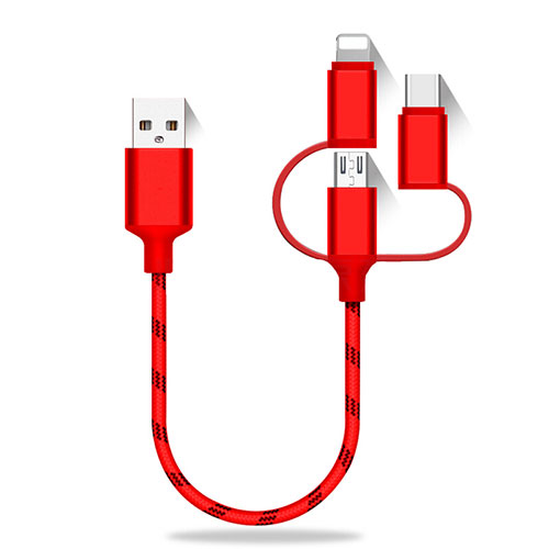 Charger Lightning USB Data Cable Charging Cord and Android Micro USB Type-C 25cm S01 Red