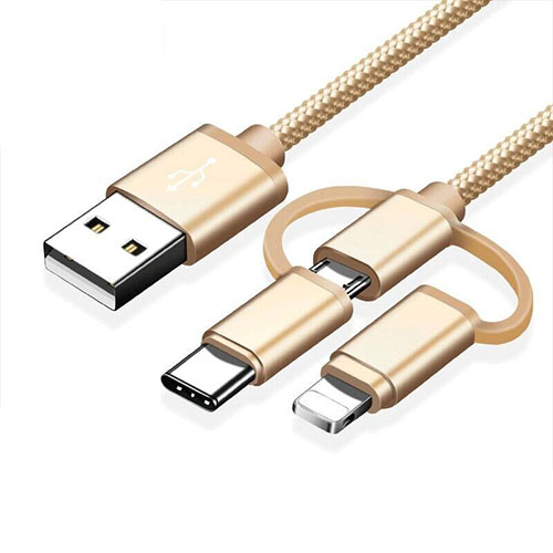 Charger Lightning USB Data Cable Charging Cord and Android Micro USB Type-C ML05 Gold