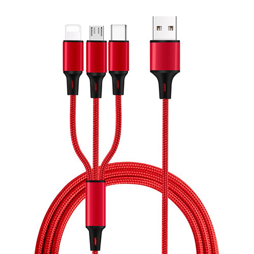 Charger Lightning USB Data Cable Charging Cord and Android Micro USB Type-C ML08 Red