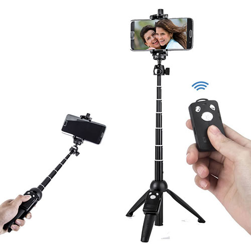 Extendable Folding Handheld Selfie Stick Tripod Bluetooth Remote Shutter Universal T24 Black