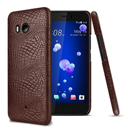 Hard Rigid Plastic Leather Snap On Case for HTC U11 Brown