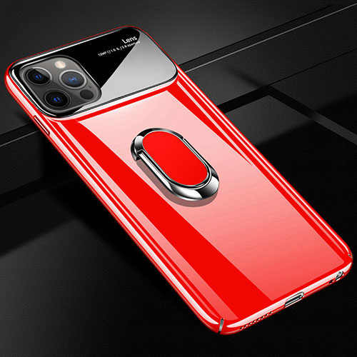 Hard Rigid Plastic Matte Finish Case Cover with Magnetic Finger Ring Stand A01 for Apple iPhone 12 Pro Red