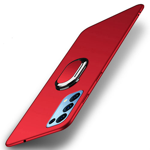 Hard Rigid Plastic Matte Finish Case Cover with Magnetic Finger Ring Stand A01 for Oppo Reno5 Pro 5G Red