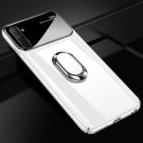 Hard Rigid Plastic Matte Finish Case Cover with Magnetic Finger Ring Stand A01 for Realme XT White