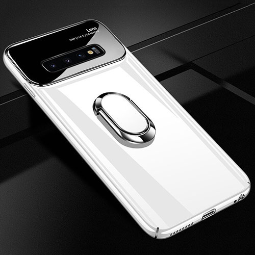 Hard Rigid Plastic Matte Finish Case Cover with Magnetic Finger Ring Stand A01 for Samsung Galaxy S10 Plus White