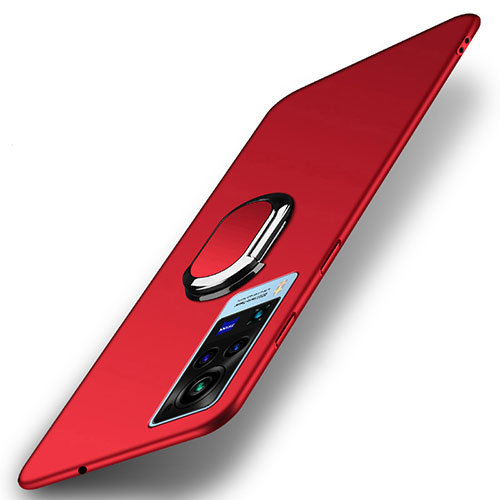 Hard Rigid Plastic Matte Finish Case Cover with Magnetic Finger Ring Stand A01 for Vivo X60 Pro 5G Red
