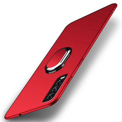 Hard Rigid Plastic Matte Finish Case Cover with Magnetic Finger Ring Stand A01 for Vivo Y11s Red